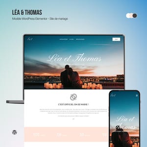 May include: A digital display of a wedding website template titled Léa & Thomas, featuring a laptop and smartphone screen showing a sunset photo of a couple, candlelit foreground, navigation menus, and text in French about a wedding event.