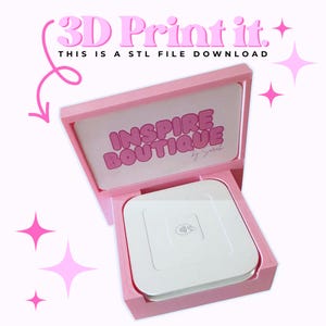 May include: A light pink 3D printed stand for a white square contactless payment reader. The stand features an upright back panel displaying the text 'INSPIRE BOUTIQUE by Sarah'. The image includes the text '3D Print it. THIS IS A STL FILE DOWNLOAD'.