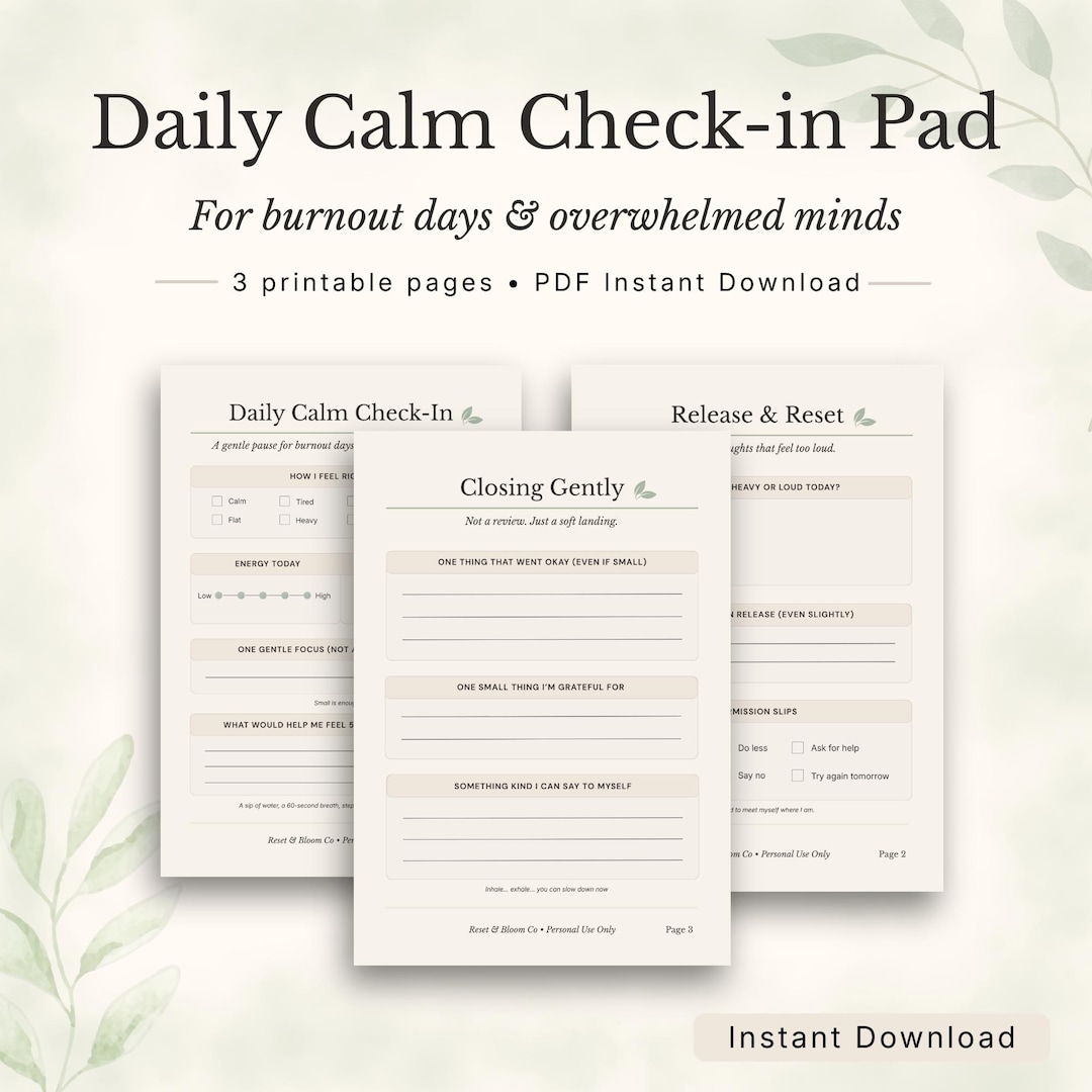 Calm Check Daily Calm Check-in Pad Worksheet for Burnout & Overwhelm 3 Page Reset ...