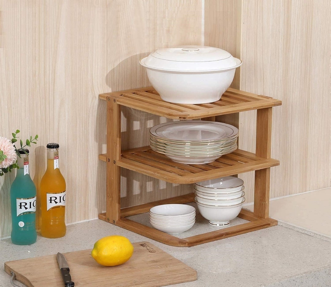 Bamboo Plate Rack 3 Tier Corner Cupboard Organizer Shelf Etsy UK