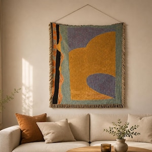 Abstract Woven Tapestry, Mid Century Sofa Throw, Bed End Blanket, Fringed Wall Hanging, Modern Home Decor