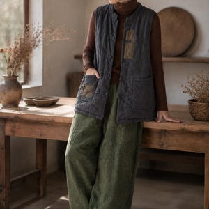 Gesteppte Ramie Weste Frauen Boho Mori Jacke Baumwolle Gefütterte Weste