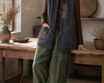 Quilted Ramie Vest Women Boho Mori Jacket Cotton Padded Waistcoat