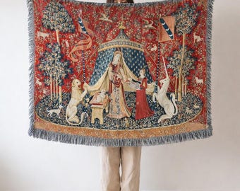 Medieval Tapestry, Lady and Unicorn Woven Decor, Vintage Gothic Boho Home Decor