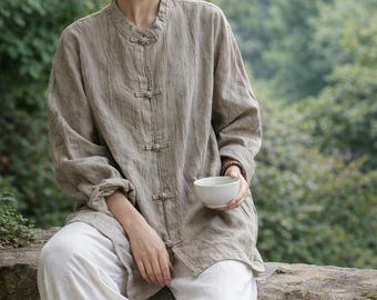 Linen Cotton Oversized Tunic Shirt, Loose Straight Fit Zen Blouse, Frog Button Top, One Size