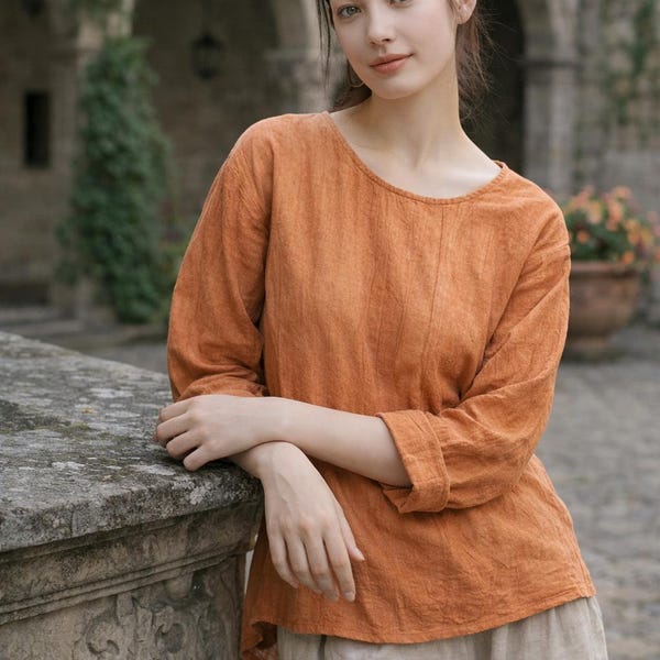 Ramie Linen Tie Dye Top, Crinkled Boho Blouse, Loose Minimalist Shirt