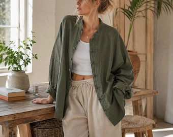 Women’s Oversized Linen Cardigan Jacket, Vintage Boho Cotton Ramie Coat