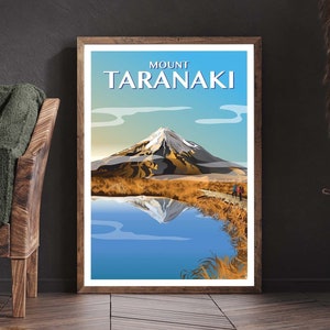 Monte Taranaki, pôster de viagens de outono, Nova Zelândia