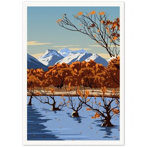 Poster de viagens de outono de Glenorchy Willow Trees, Nova Zelândia