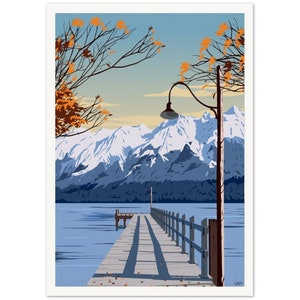 Poster de viagens de outono de Glenorchy Wharf, Nova Zelândia