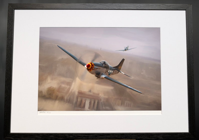 P51 Mustang Fighter Plane Over Berlin - WW2 military aviation signed limited edition fine art print by Nick Stone -  gifts for men