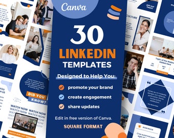 Może przedstawiać: Cyfrowa grafika przedstawiająca 30 szablonów LinkedIn dla Canva. Centralny ciemnoniebieski panel zawiera tekst 30 LINKEDIN TEMPLATES, Designed to Help You oraz Edit in free version of Canva. Otaczające obrazy prezentują profesjonalne układy graficzne.