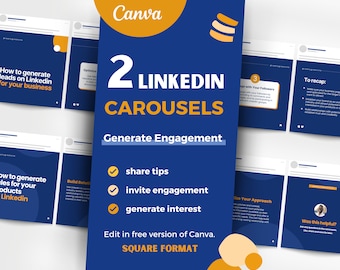 May include: A digital marketing template set featuring two LinkedIn carousels in a square format. The design uses a blue and yellow color scheme with text that reads 2 LINKEDIN CAROUSELS, Generate Engagement, share tips, invite engagement, and generate interest.