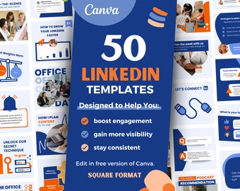 May include: A collection of 50 LinkedIn templates in a square format, featuring a dark blue central panel with the text 50 LINKEDIN TEMPLATES, Designed to Help You: boost engagement, gain more visibility, stay consistent, and Edit in free version of Canva.