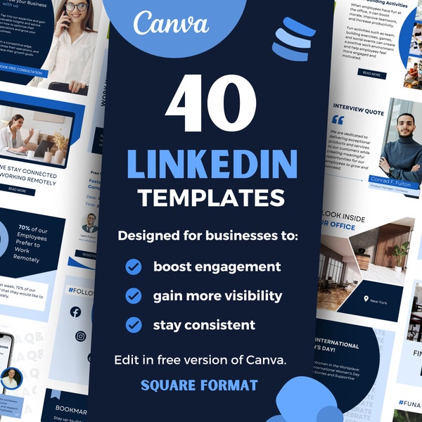 40 Business Linkedin Posts Template, Edit in Canva, Linkedin Content, Social Media Content Template, Professional Business Canva Template