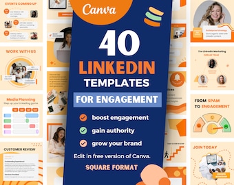 May include: A digital graphic display featuring 40 LinkedIn templates for engagement. The central dark blue panel includes the text 40 LINKEDIN TEMPLATES FOR ENGAGEMENT, boost engagement, gain authority, grow your brand, and Edit in free version of Canva.