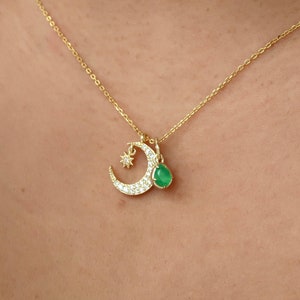 18K Gold Vermeil Crescent Moon And Star Necklace, 925Sterling Silver Necklace, Signifies New Beginnings, Choose Your Favorite Natural Gem.