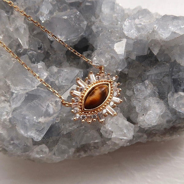 Cluster Zircon and Brown Cat's Eye Statement Necklace, Cat's Eye necklace, Cat's Eye pendant, Minimalist style pendant, Boxed gift for her.