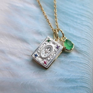 Dainty Silver Locket Necklace, can be opened, with beautiful natural gemstones, a Book locket pendant, Locket Necklace, Friendship necklace.