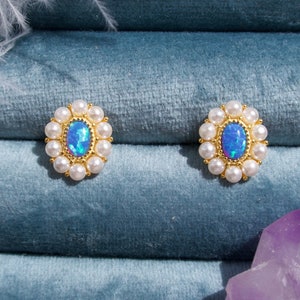 18K Gold Vermeil Stud Earrings, Contemporary Handmade Earrings Featuring Blue Opals and Pearl, 5MM Oval Blue Opal, Boxed gift for you love.