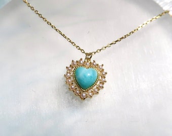 18K Gold Vermeil Natural Larimar Heart Necklace, dainty baby blue Larimar necklace, Larimar pendant necklace with pearls
