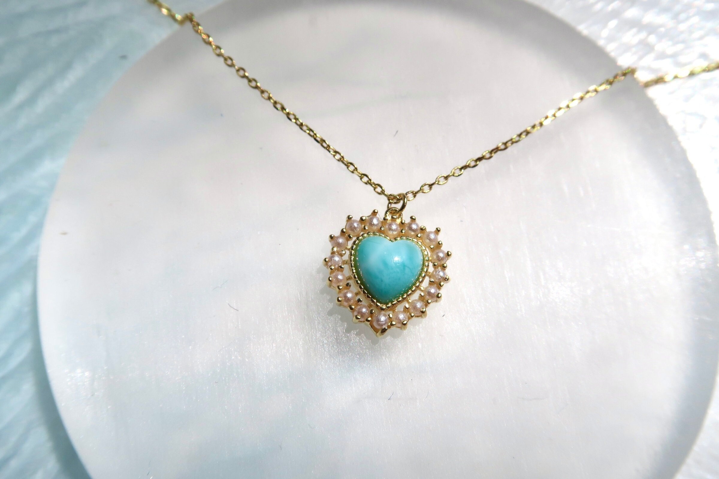 18K Gold Vermeil Natural Larimar Heart Necklace, dainty baby blue Larimar necklace, Larimar pendant necklace with pearls