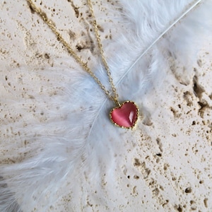 18K Gold Vermeil Natural Pink Cats Eye Heart Necklace, 925 Sterling Silver Necklace, Heart Shape Necklace, Dainty Healing Stone Necklace.