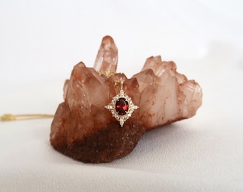 18K Gold Vermeil Ruby Necklace, Vintage Style Ruby Necklace, Decorated With CZ Diamonds Jewellery, Dainty Oval Cut, Ruby Diamond Pendant.