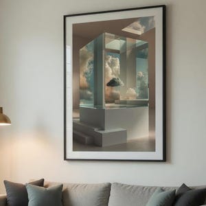 May include: A modern living room featuring a gray sofa with accent pillows, a round wooden coffee table, and a large framed artwork depicting a surreal cloudscape. A gold floor lamp provides soft lighting, and a neutral rug completes the space.