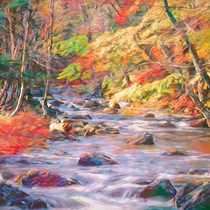 Autumn Forest Stream Impressionist Style Digital Download Fall Landscape Wall Art Colorful River Painting Nature Scene Print For Decor