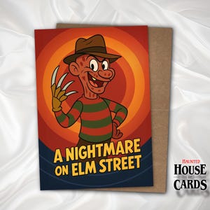 A Nightmare, On Elm Street, 50s Cartoon Style, Freddie Krueger, Poster Art, 5x7, Birthday Card, Horror, Nerd, Funny, Personalized, AI