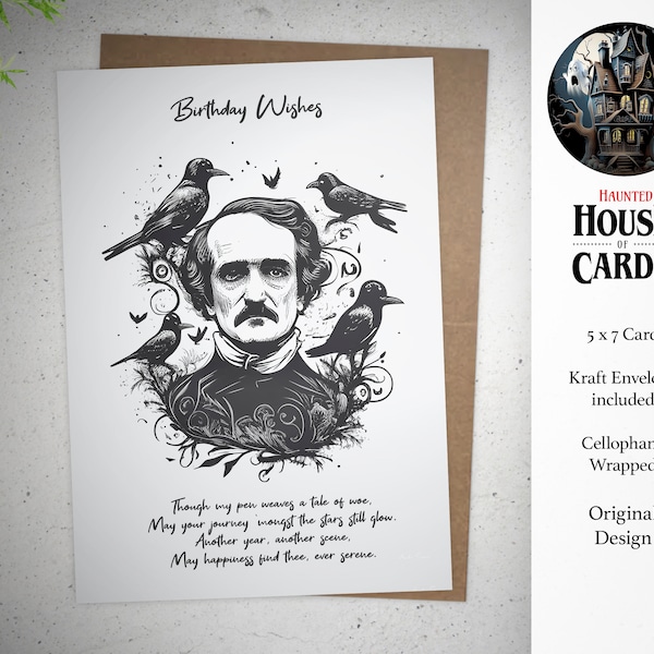 Edgar Allen Poe, With Verse, Horror Birthday, Birthday Card, Spooky, AI Design, Nightmare, Terrifying Birthday, Scary Card,  Unusual Card