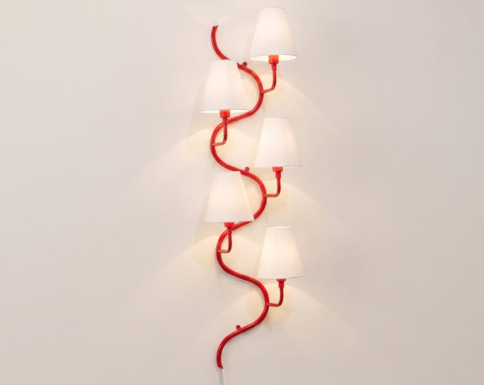 Modern Red Spiral Wall Sconce – Luxury Curved Wall Light with White Fabric Shades | Contemporary Designer Wall Lamp