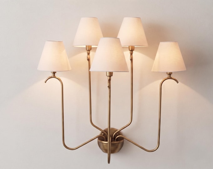 Antique Brass 5 Light Wall Sconce, Vintage Inspired Multi Arm Wall Lamp with White Shades, Classic Indoor Lighting Fixture for Home Wall Art