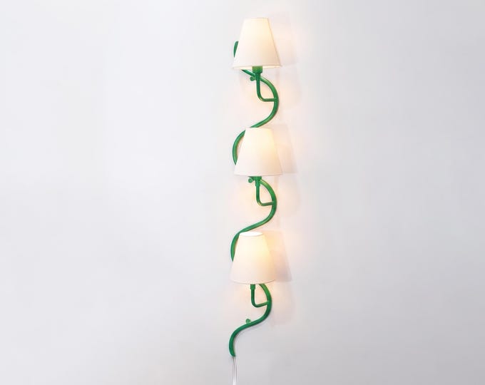 Modern Green Spiral Wall Sconce – Luxury Curved Wall Lamp with White Fabric Shades | Contemporary Designer Lighting Fixture for living room