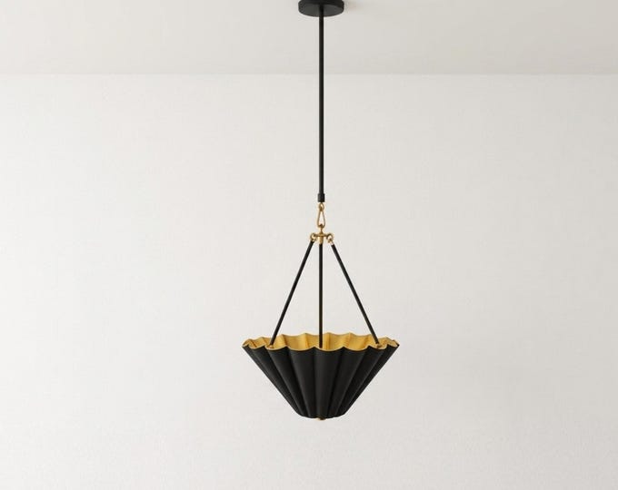 Hanging light-Modern Black Fluted Pendant Light with Gold Interior for Kitchen Island, Bedroom, Dining Room, Hallway & Cafe Hanging Lighting