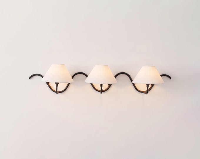 Matte Black 3 Light Wall Sconce, Modern Wall Lamp, White Fabric Shade Lighting, Sculptural Wall Light, Bedroom, Living Room & Hallway Decor