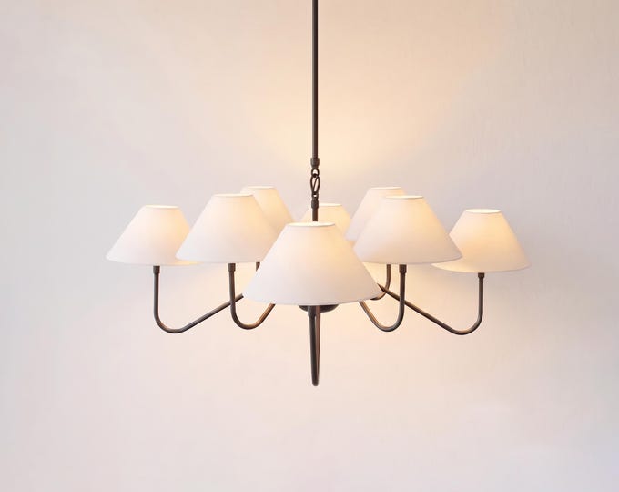 Chandelier Light – Matte Black 6 Light Chandelier with White Fabric Shades | Minimal Modern Ceiling Hanging Fixture for Dining Room Decor