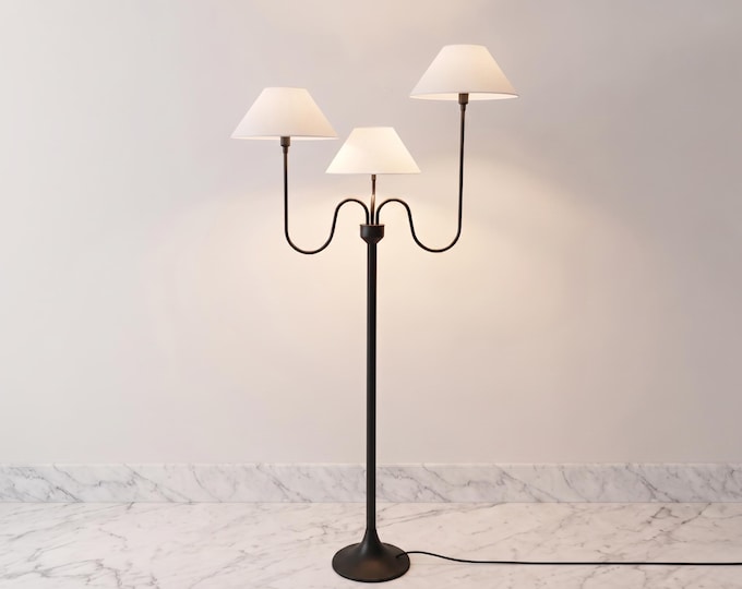Floor Lamp in Matte Black Color Stylish Triple Arm Floor Lamp with black Lined Cotton white Fabric Shades Cord Plug and Modern Home Decor
