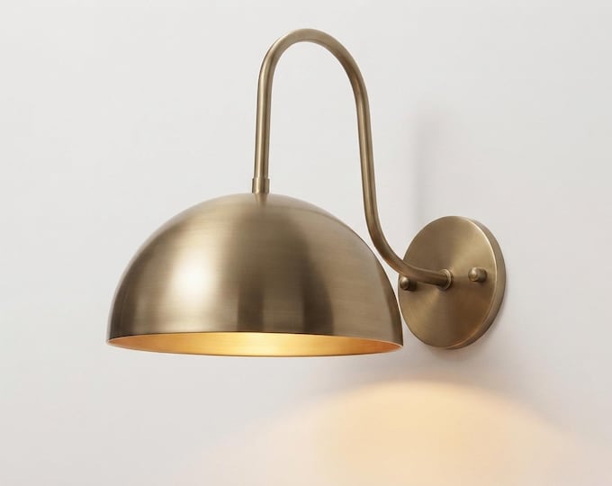 Antique Brass Dome Wall Sconce, Modern Brass Wall Light, Mid Century Bedroom Lamp, Curved Arm Sconce, Metal Shade Lighting, Reading Light