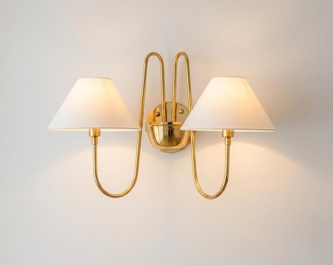 Wall Light Brushed Brass Double Arm Designer Sconce, Mid Century Modern Luxury Wall Fixture with White Linen Shades for  Interiors