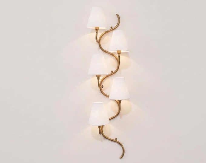 Antique Brass Wall Sconce, 5 Light Wall Lamp, Elegant Modern Lighting, Curved Wall Light, Bedroom Sconce, Living Room, Dining Room Décor
