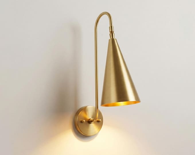 Wall Light Brushed Gold Modern Cone Wall Sconce, Luxury Brass Bedroom Bedside Lamp, Nordic Lighting Fixture