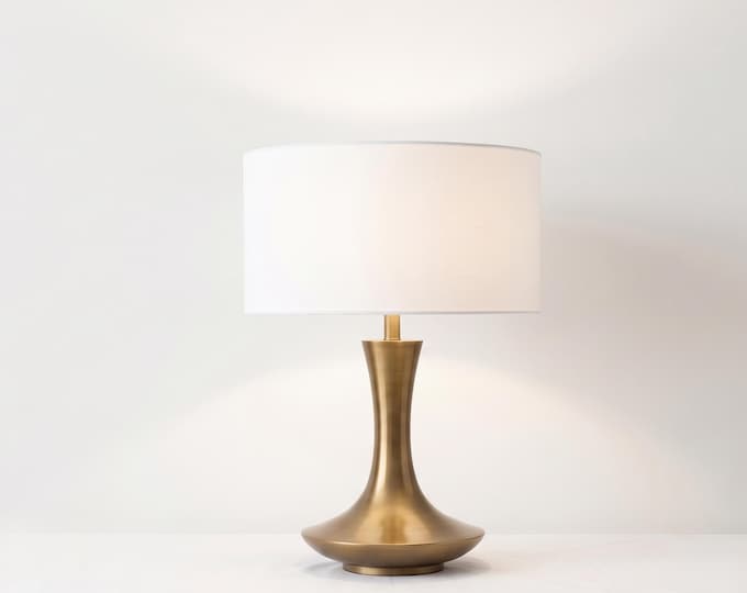Antique Brass Table Lamp with White Fabric Shade, Modern Elegant Bedside Lamp, Decorative Accent Lighting for Bedroom, Living Room & Office
