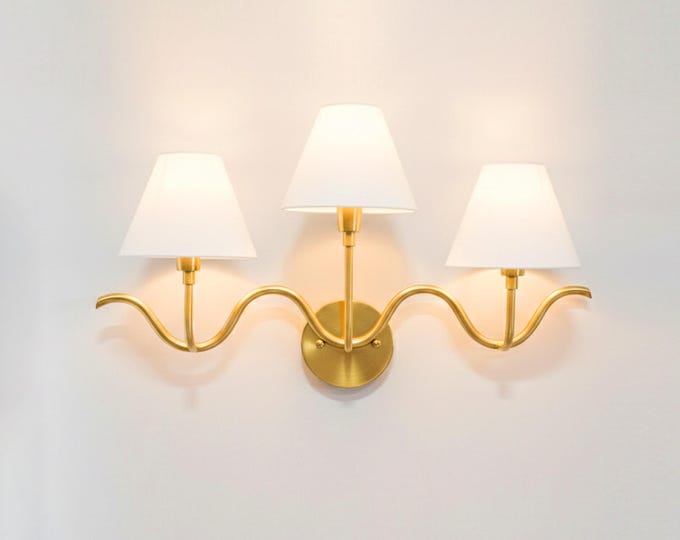 Wall Light – Brushed Gold Three Light Wall Sconce, Elegant Modern Wave Design Luxury Wall Fixture for Hallway, Bedroom & Hotel Decor
