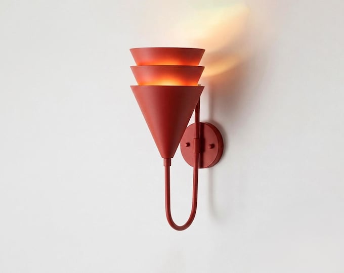 Wall Sconce in Red Geometric , Artistic Cone Shade Wall Light, Modern Interior Lighting Fixture for Bedroom, Entryway & Dining Space