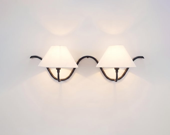 Matte Black 2 Light Wall Sconce, Double Wall Lamp,  Metal Sconce with White Fabric Shades, Modern Wall Lighting, Bedroom Sconce, Dining Room
