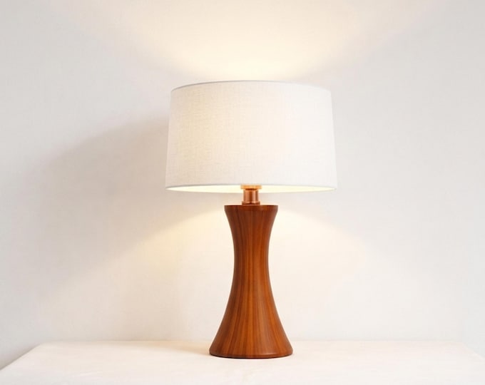 Table Lamp – Modern Wooden Hourglass Table Lamp with Beige Linen Shade | Scandinavian Minimal Accent Lighting for Cozy Interiors