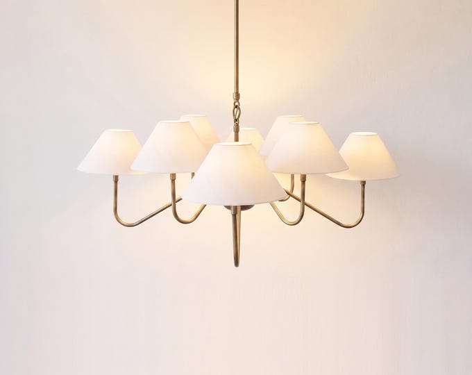 Chandelier Light – Antique Brass 6 Light Chandelier with Fabric Lamp Shades | Mid Century Hanging Ceiling Fixture for Elegant Interiors