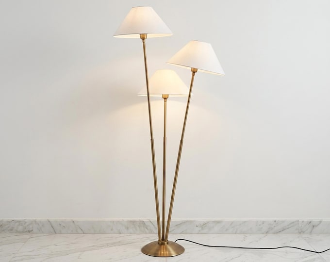 Floor Lamp in Antique Brass Color Triple Head Lamp with White Fabric Shades Foot Switch and Corded Plug Lighting for Living Room Bedroom